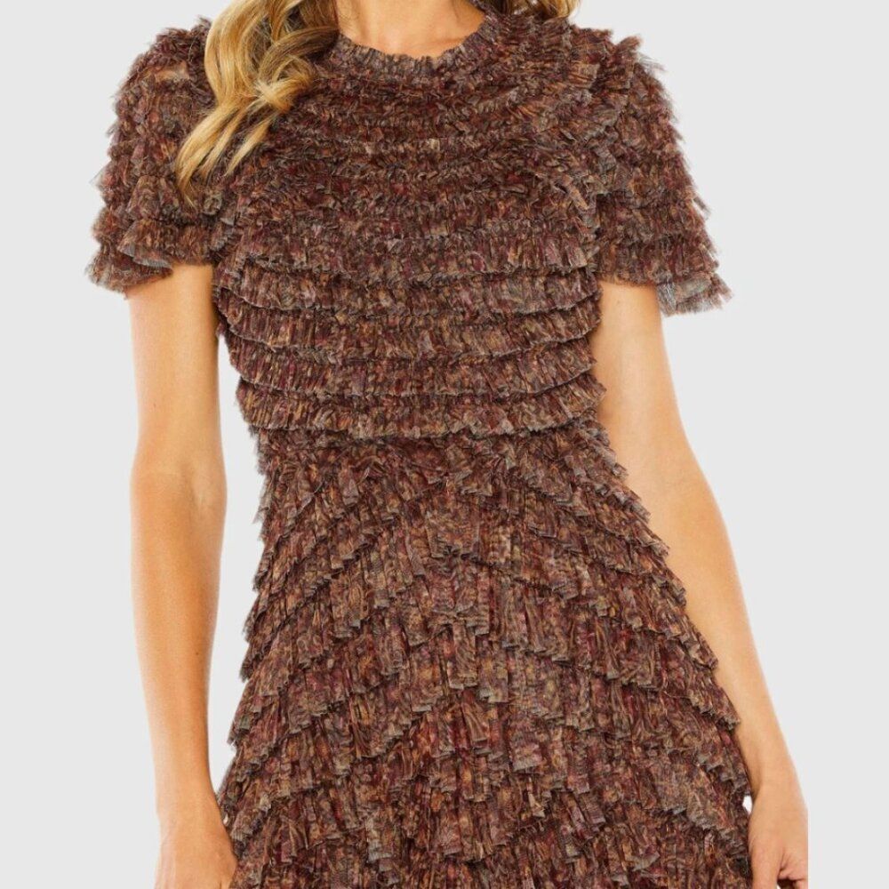 $798‎ Mac Duggal 8042 Size 14 Brown Ruffle Tiered High Neck Long Maxi Dress Gown - Picture 3 of 4